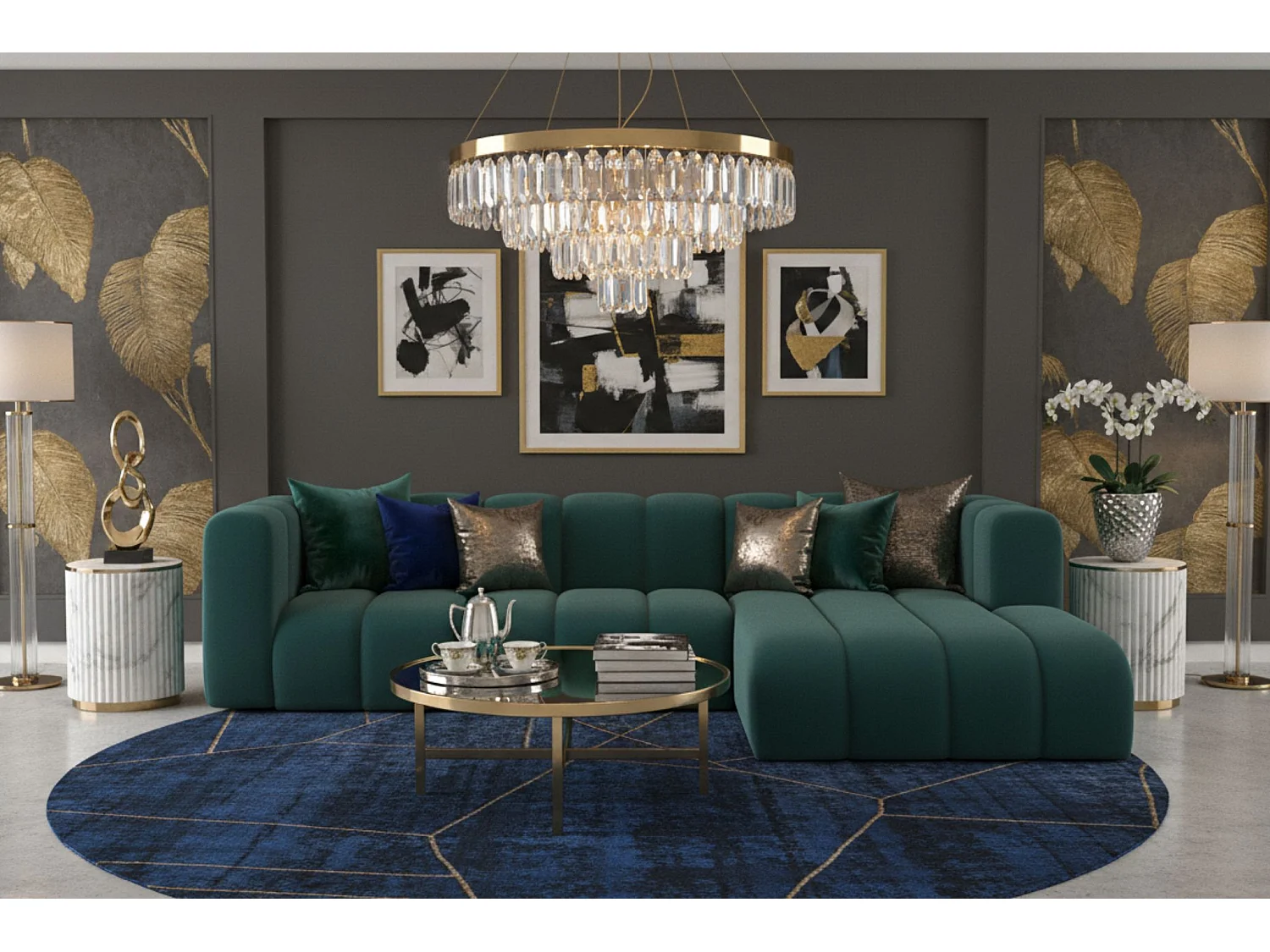 Hoekbank L-Vorm Grand L 287 cm, Veloursstof Salvador, Azurblauw, Rechts