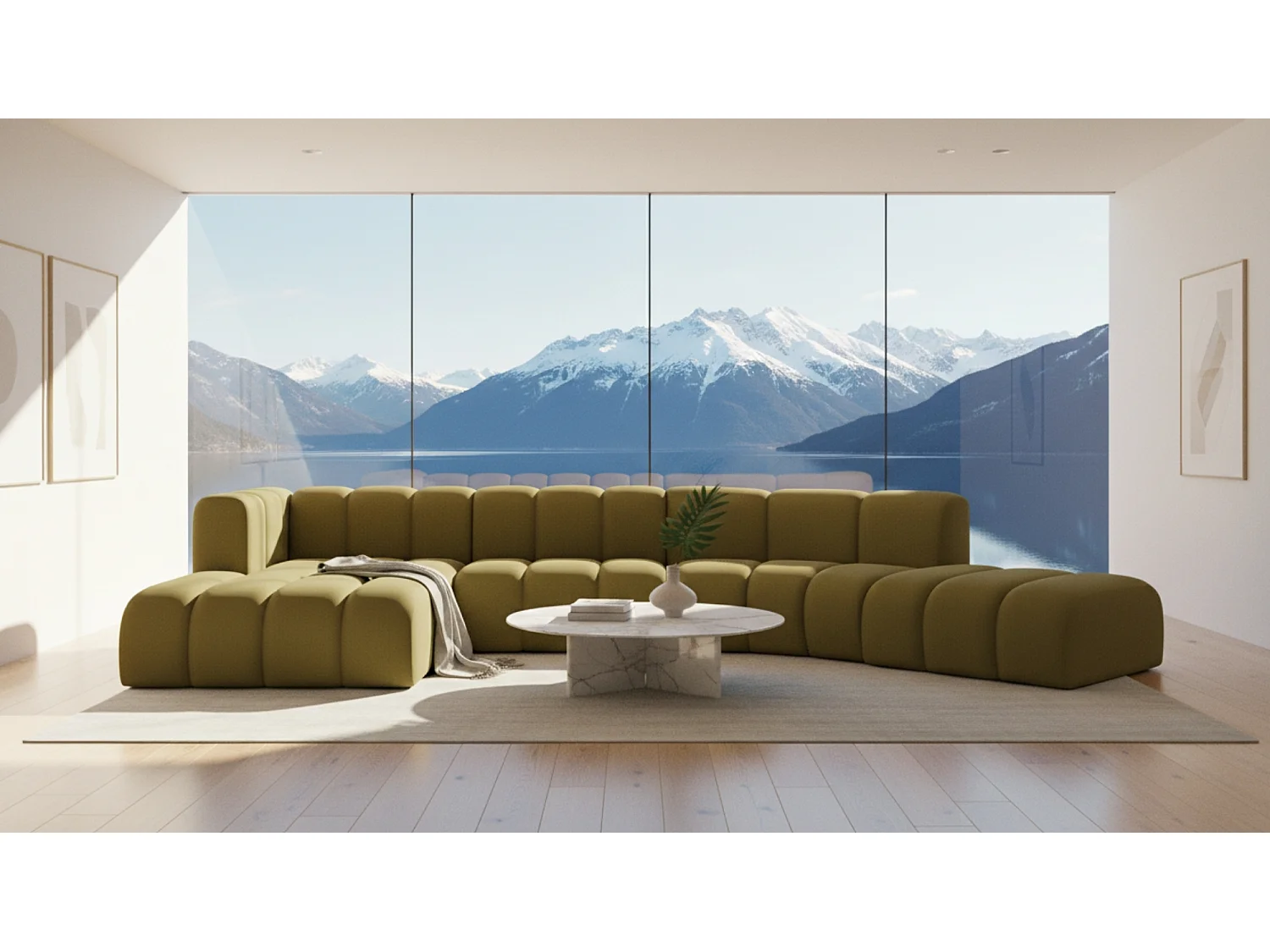 L-vormige hoekbank GRAND Round, stof Salvador, Olijfgroen, Links