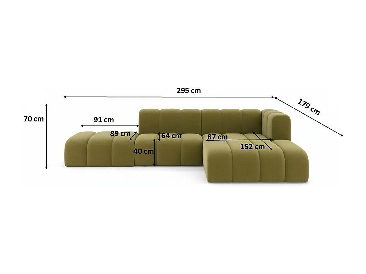 Divano angolare a L con pouf, Grand Mini, tessuto Salvador, oliva, destra