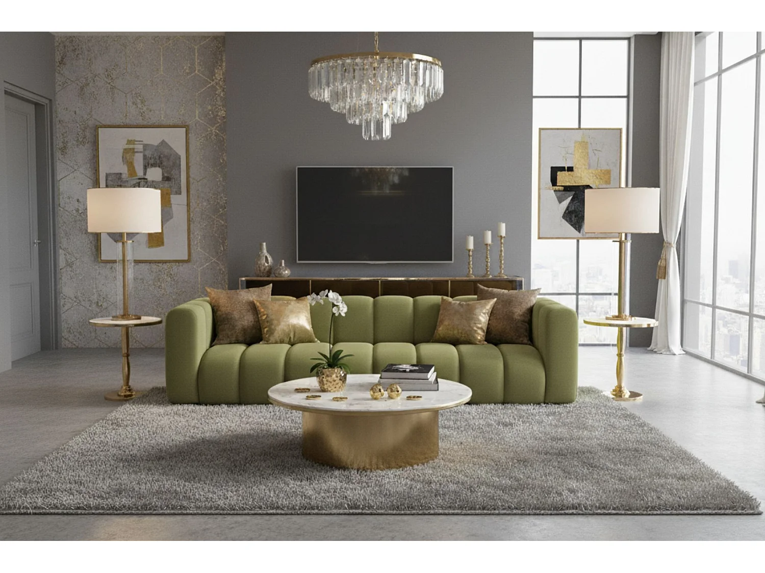 Bank, Vierzitsbank Grand, Veloursstof Salvador, Olijfgroen