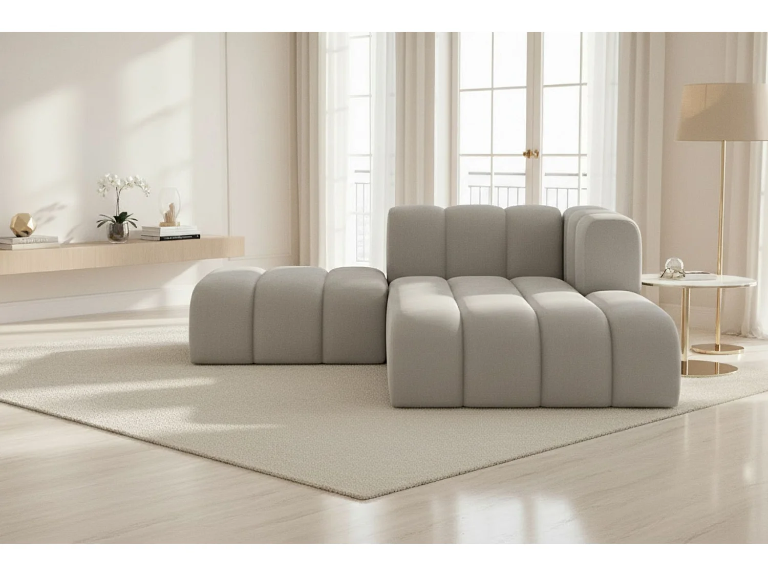 Chaiselongue mit Hocker Grand, Veloursstoff Salvador, Grau, Rechts