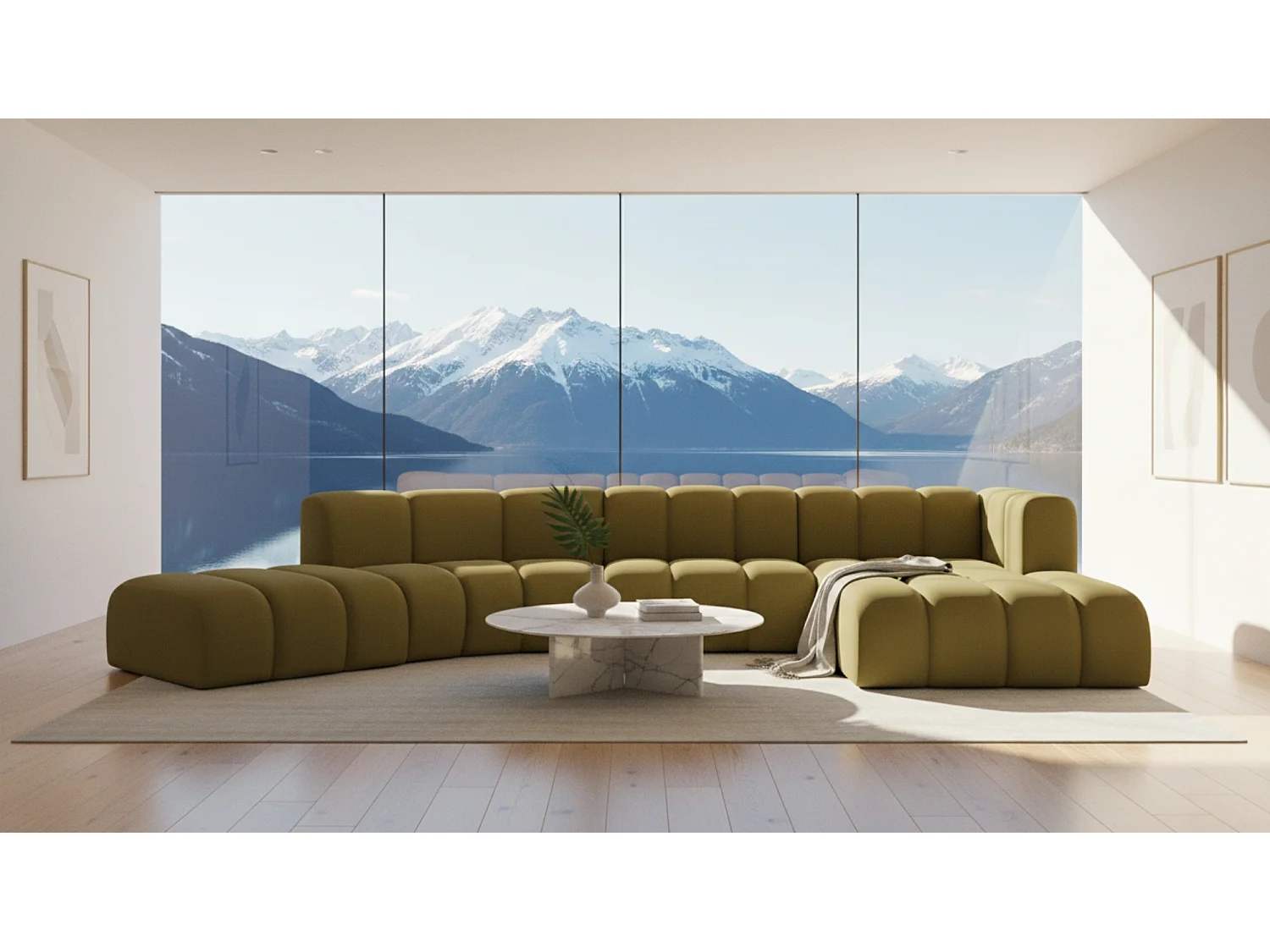 L-vormige hoekbank GRAND Round, stof Salvador, Olijf, rechts