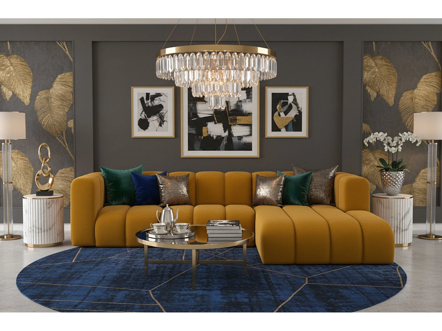 Hoekbank L-Vorm Grand L 287 cm, Veloursstof Salvador, Geel, Rechts