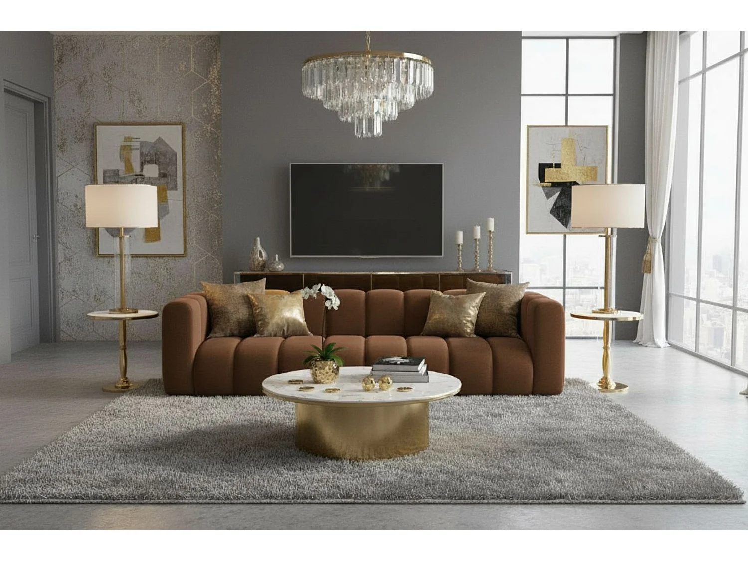 Bank, Vierzitsbank Grand, Veloursstof Salvador, Donkerbruin