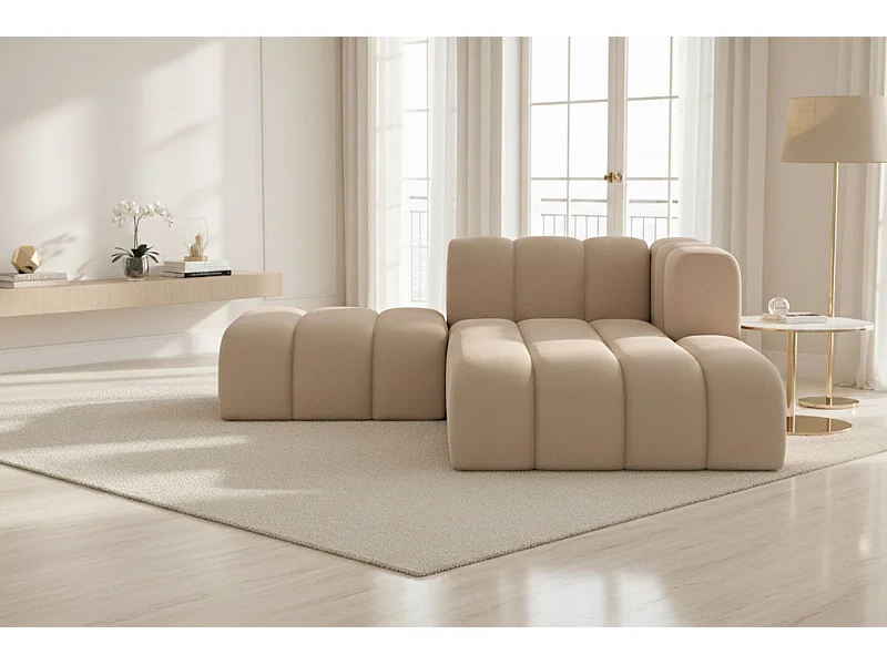 Chaise Longue con Pouf Grand, Tessuto in Velluto Salvador, Beige, Destra