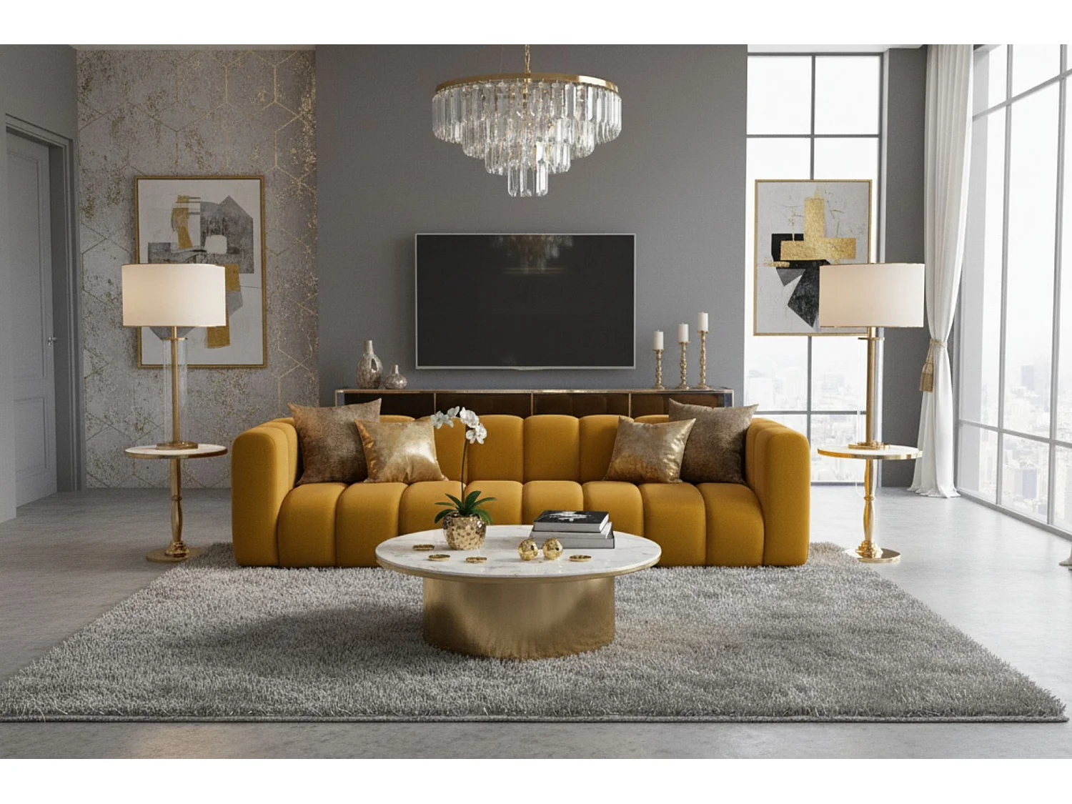 Bank, Vierzitsbank Grand, Veloursstof Salvador, Geel