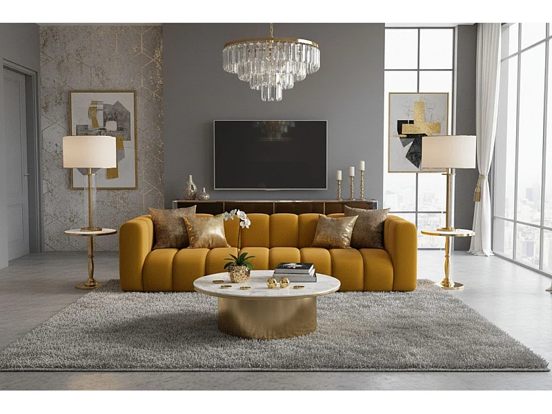 Bank, Vierzitsbank Grand, Veloursstof Salvador, Geel