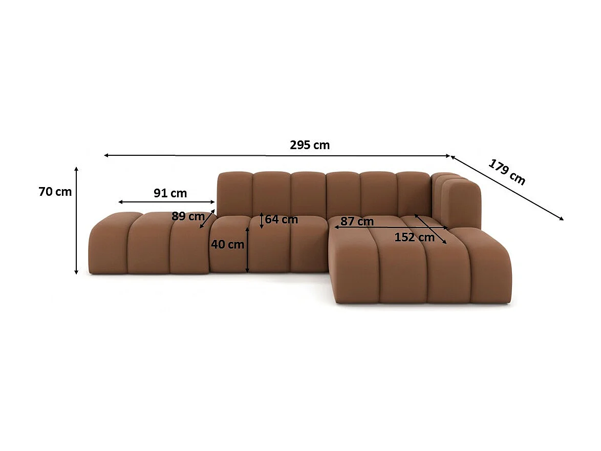 Divano angolare a L con pouf, Grand Mini, tessuto Salvador, marrone scuro, a destra