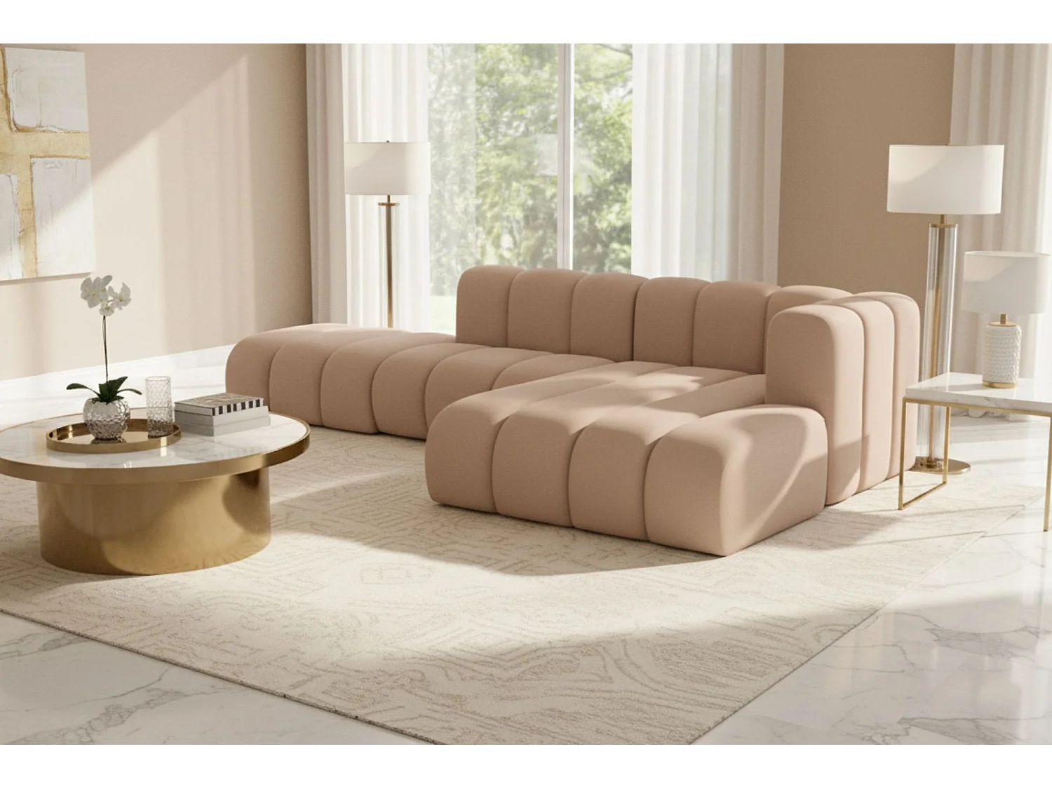 Divano angolare a L con pouf, Grand Mini, tessuto Salvador, beige, a destra