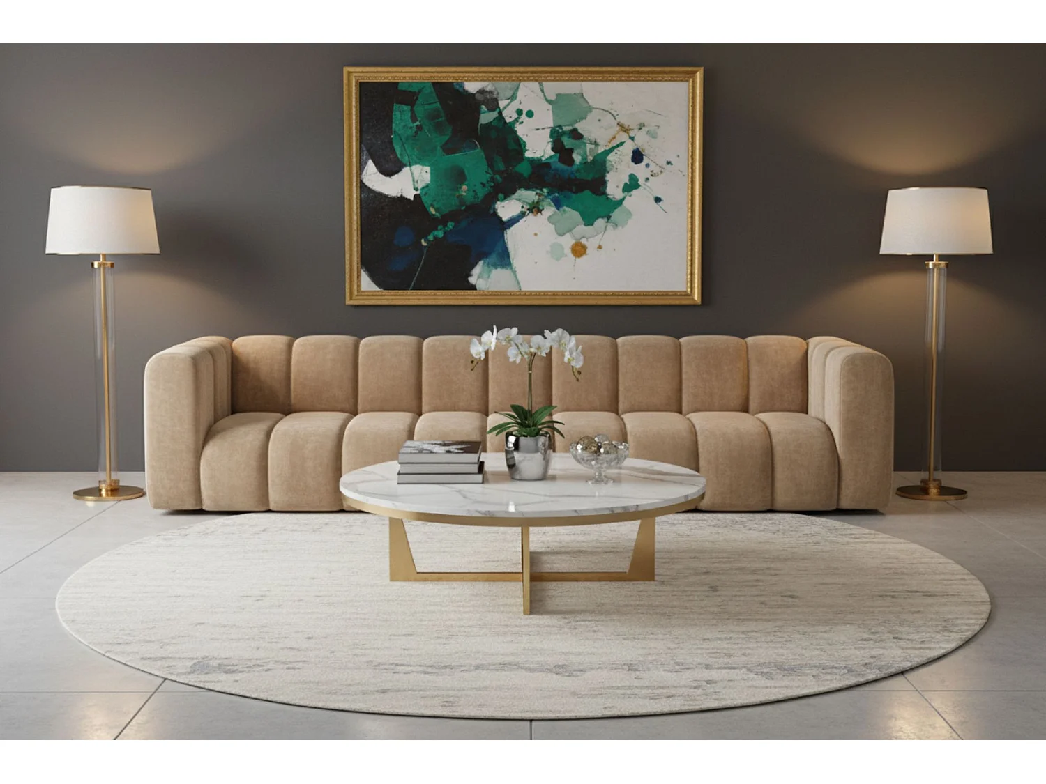 Bank, Vijfzitsbank Grand, Veloursstof Salvador, Beige