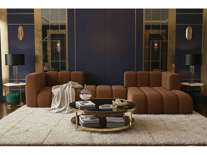 Divano Angolare a L Grand L 319 cm, Tessuto in Velluto Salvador, Marrone Scuro, Destra