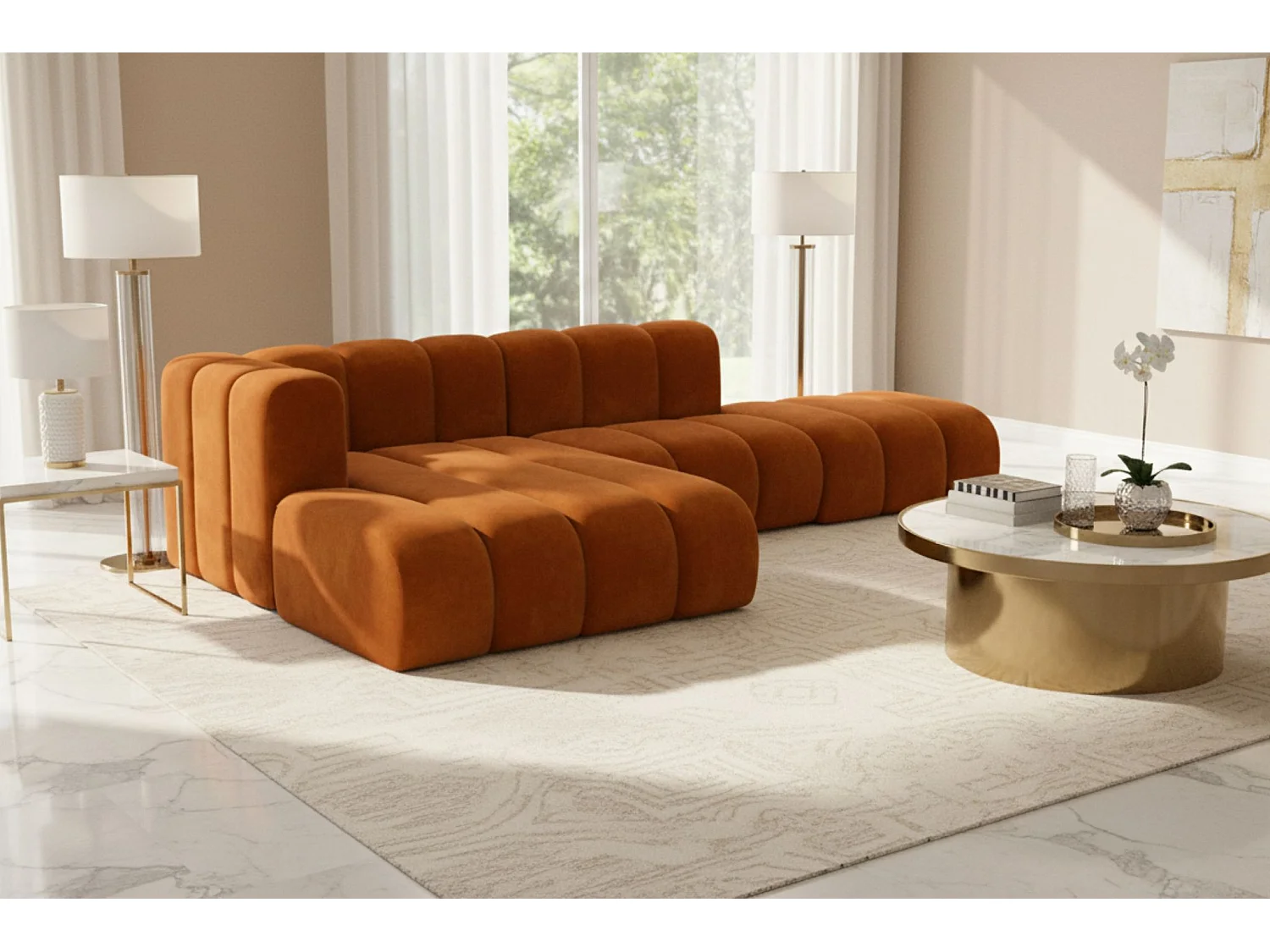 Divano angolare a L con pouf, Grand Mini, tessuto Salvador, marrone, sinistro