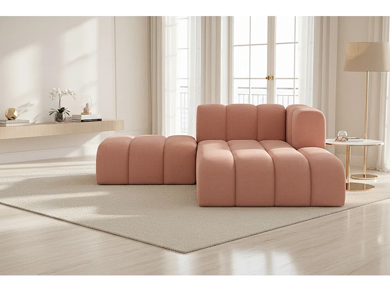 Chaise Longue con Pouf Grand, Tessuto in Velluto Salvador, Rosa, Destra