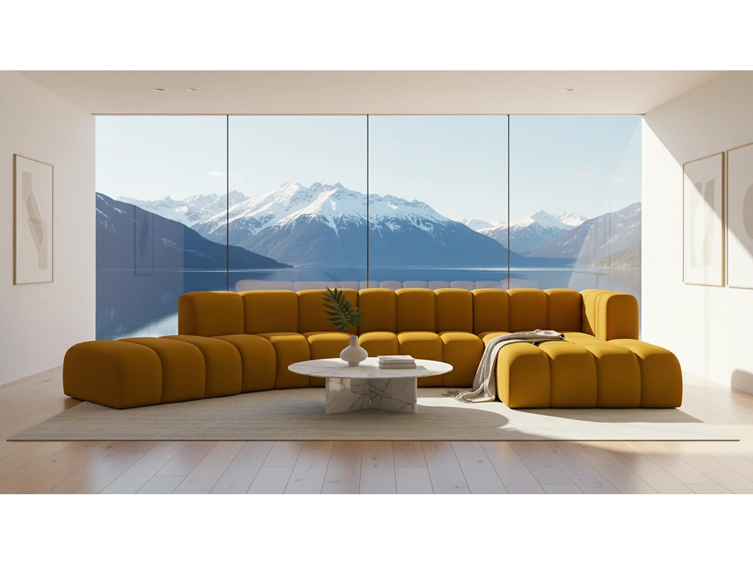 L-vormige hoekbank GRAND Round, stof Salvador, geel, rechts