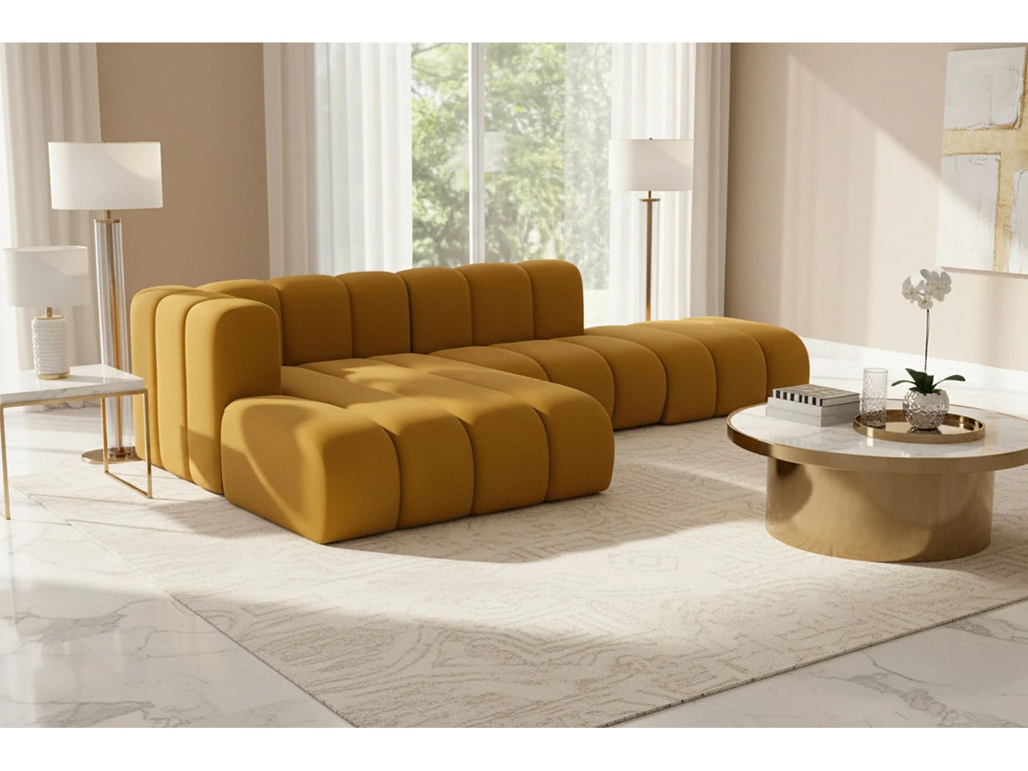 Divano angolare a L con pouf, Grand Mini, tessuto Salvador, giallo, sinistro