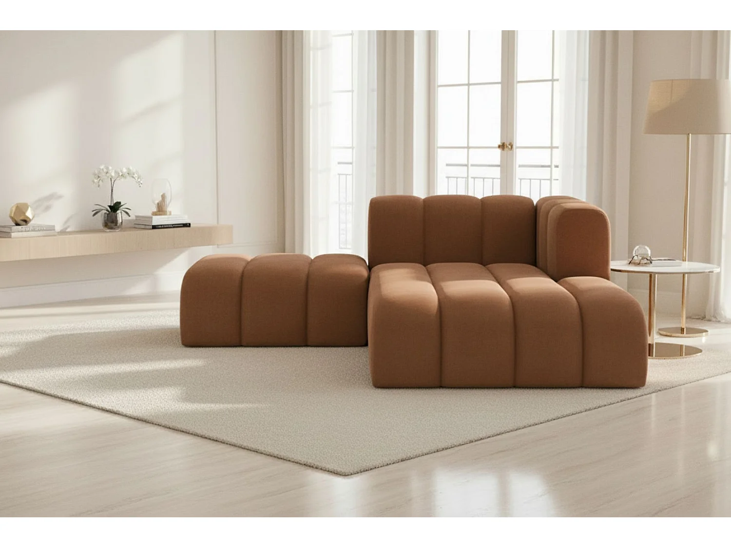 Chaiselongue mit Hocker Grand, Veloursstoff Salvador, Dunkelbraun, Rechts