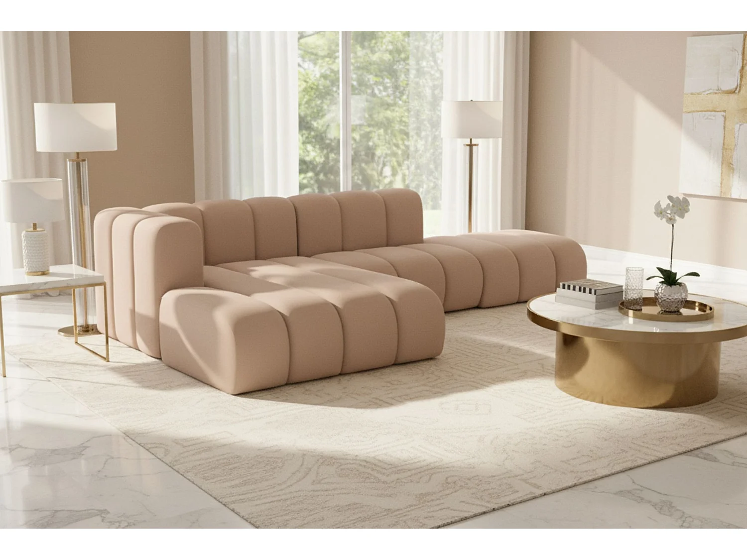 Divano angolare a L con pouf, Grand Mini, tessuto Salvador, beige, sinistro