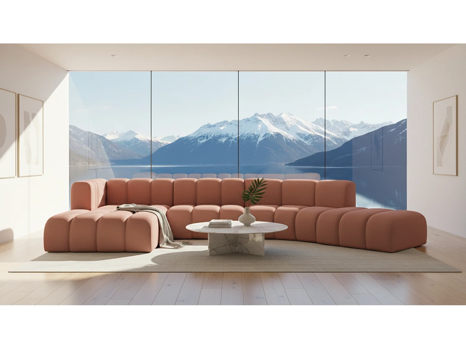 L-vormige hoekbank GRAND Round, stof Salvador, roze, links