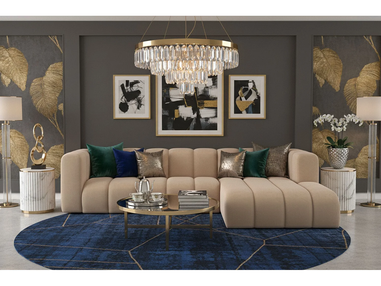 Hoekbank L-Vorm Grand L 287 cm, Veloursstof Salvador, Beige, Rechts