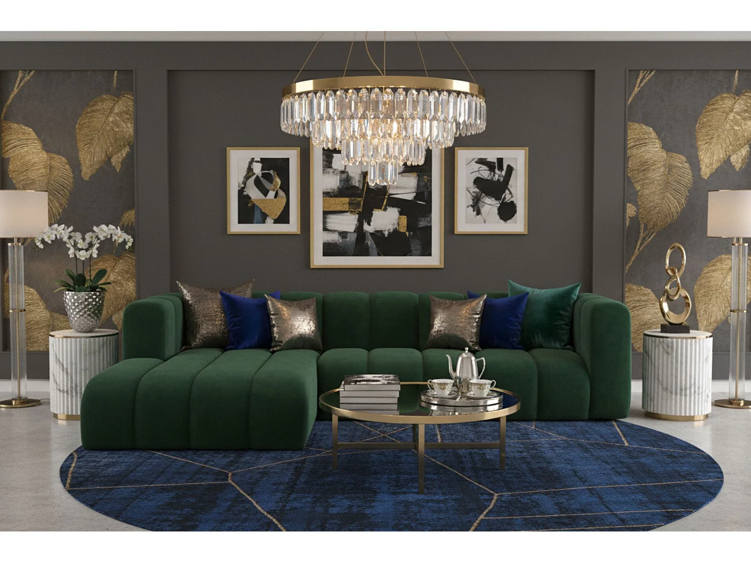 Hoekbank L-Vorm Grand L 287 cm, Veloursstof Salvador, Groen, Links