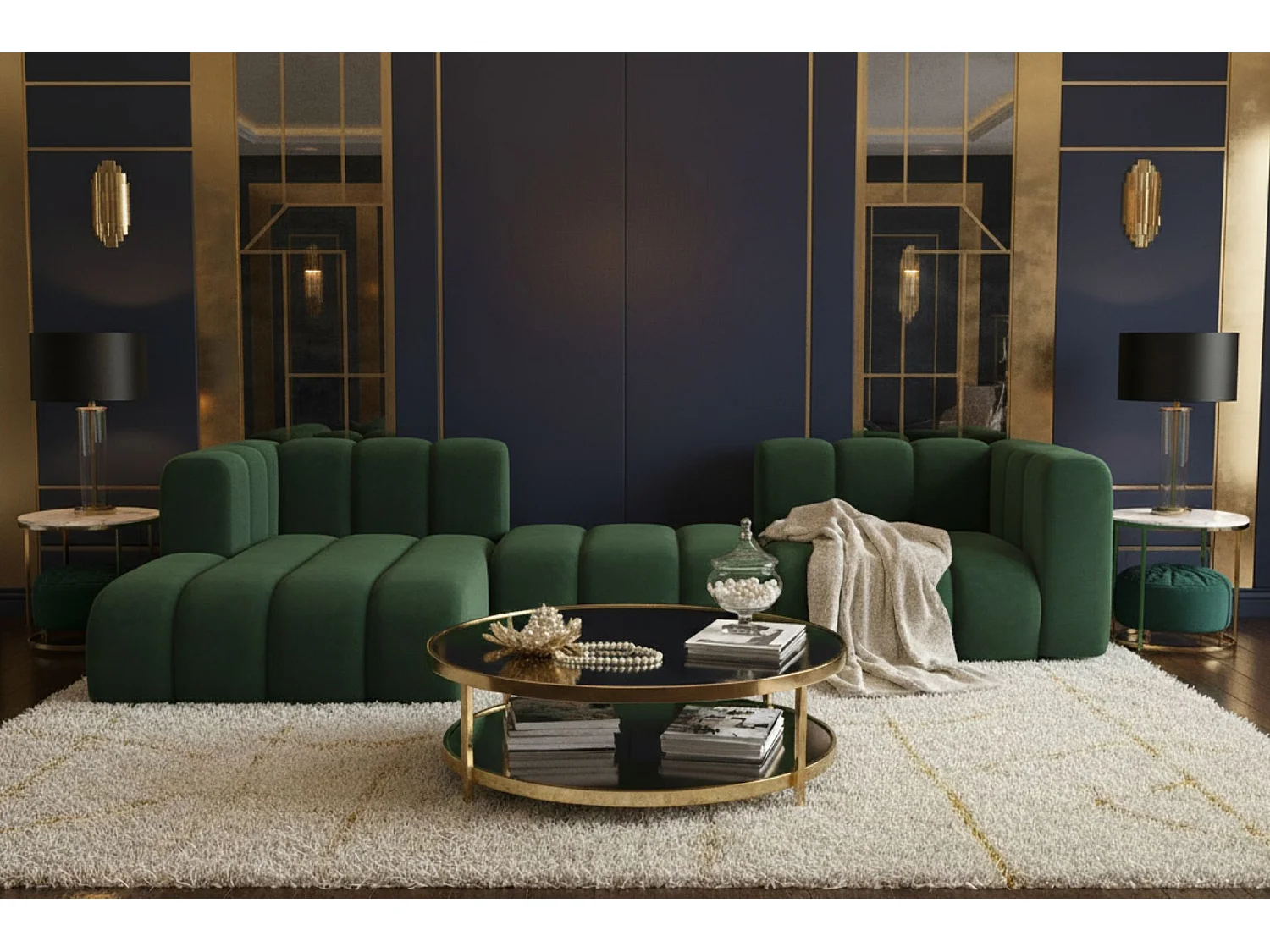 Hoekbank L-Vorm Grand L 319 cm, Veloursstof Salvador, Groen, Links