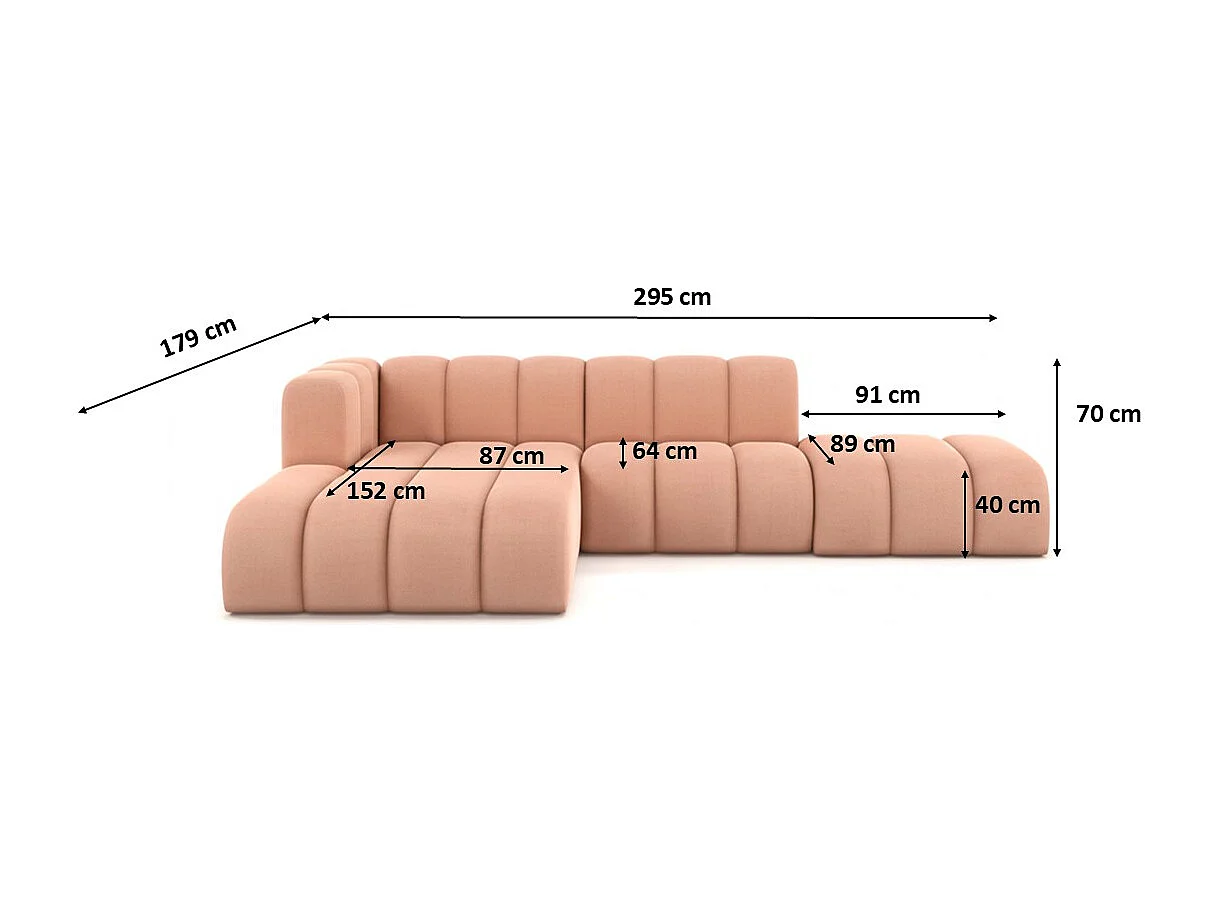 Divano angolare a L con pouf, Grand Mini, tessuto Salvador, rosa, sinistro