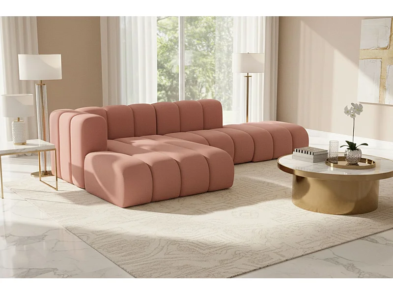 Divano angolare a L con pouf, Grand Mini, tessuto Salvador, rosa, sinistro