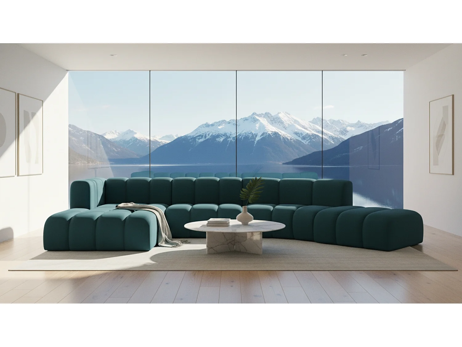 L-vormige hoekbank GRAND Round, stof Salvador, azuurblauw, links