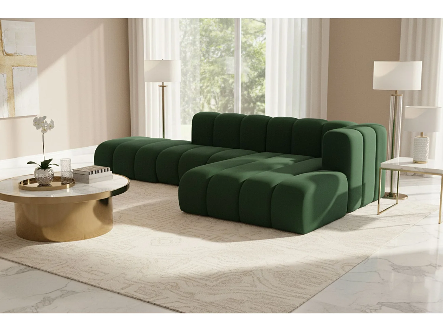 Divano angolare a L con pouf, Grand Mini, tessuto Salvador, verde, a destra