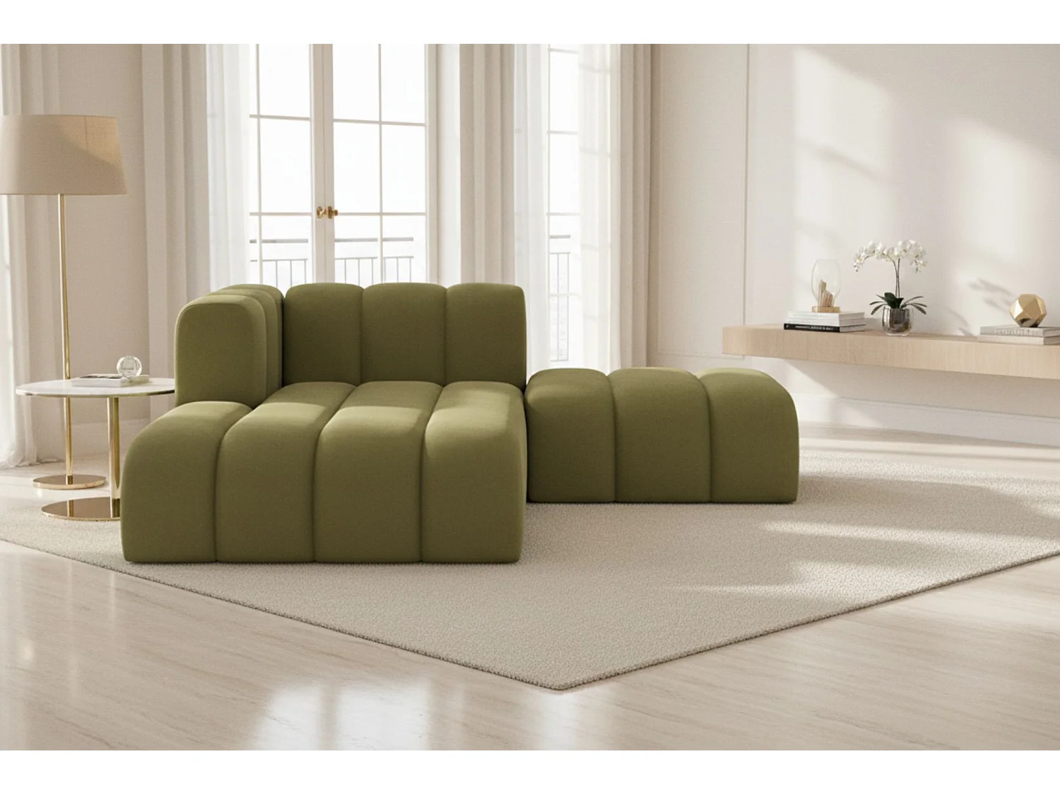 Chaise Longue Met Hocker Grand, Veloursstof Salvador, Olijfgroen, Links