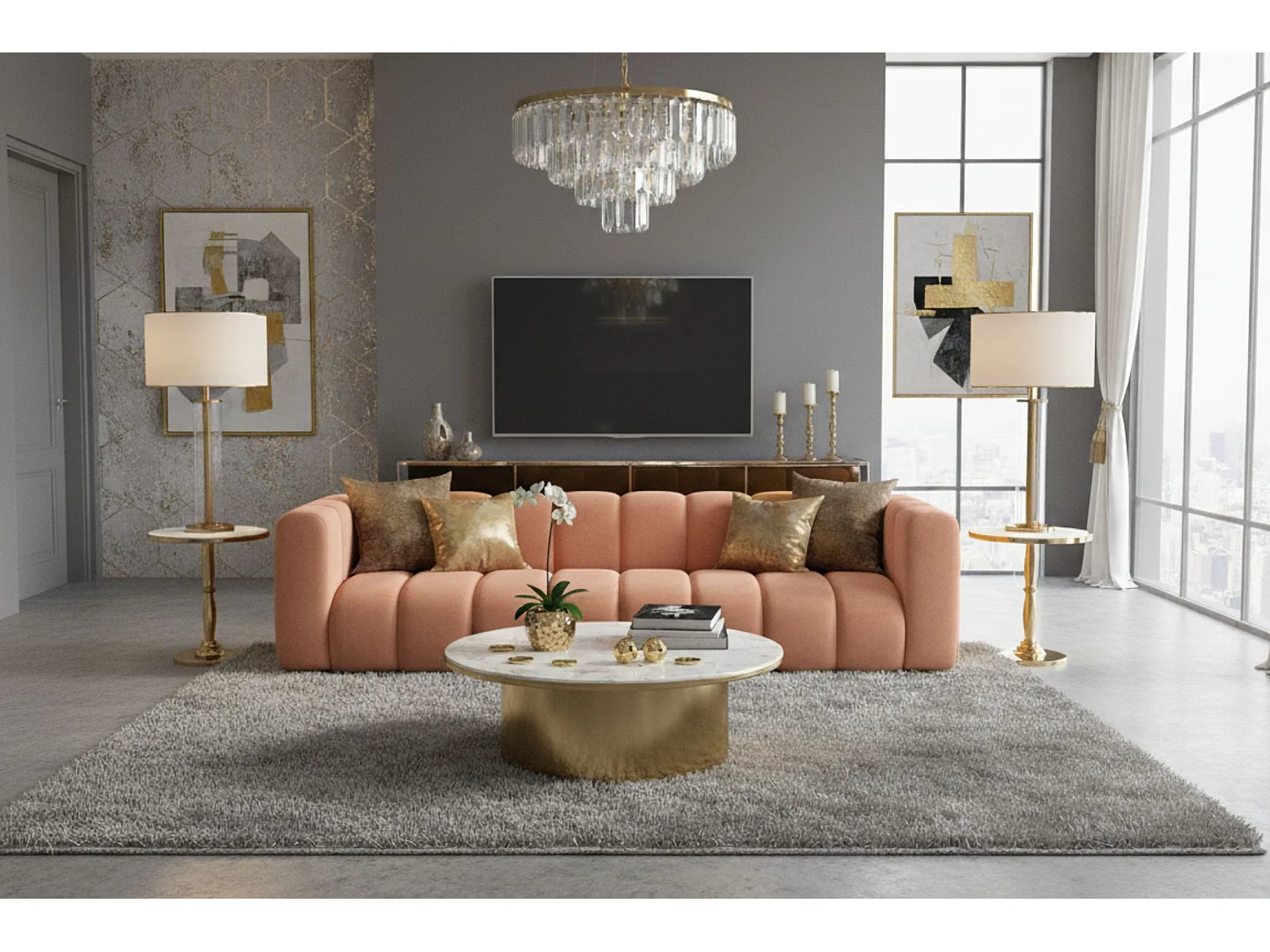 Bank, Vierzitsbank Grand, Veloursstof Salvador, Roze