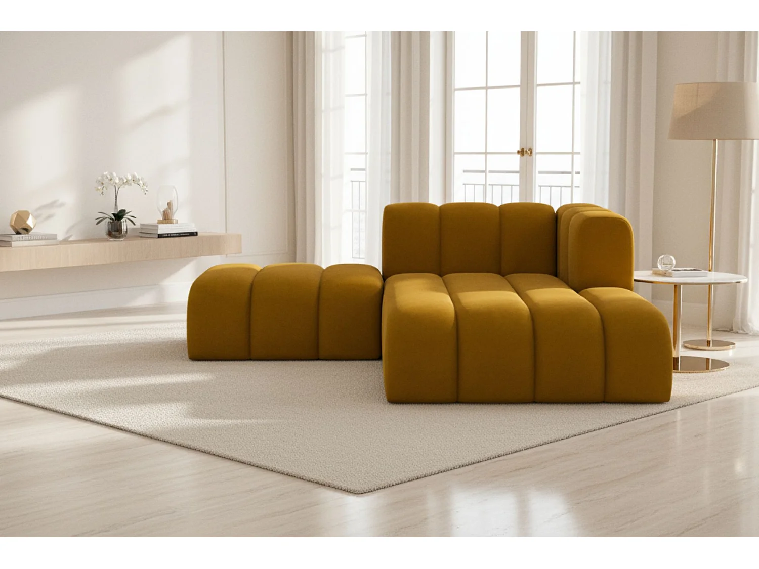 Chaiselongue mit Hocker Grand, Veloursstoff Salvador, Gelb, Rechts