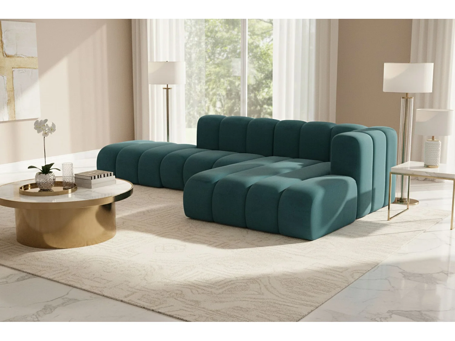 Divano angolare a L con pouf, Grand Mini, tessuto Salvador, azzurro, lato destro