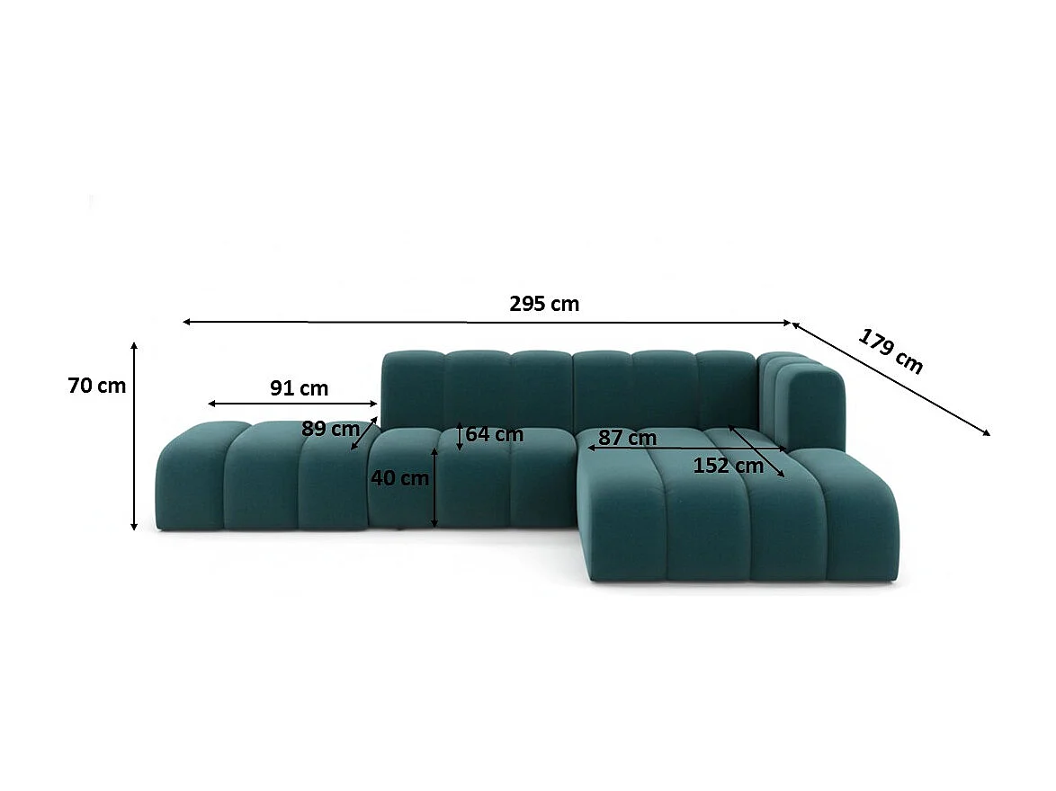 Divano angolare a L con pouf, Grand Mini, tessuto Salvador, azzurro, lato destro