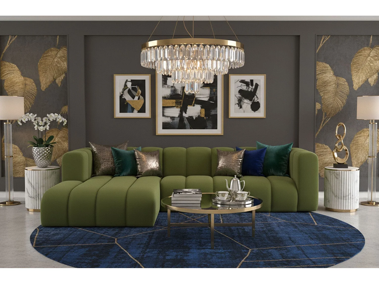 Hoekbank L-Vorm Grand L 287 cm, Veloursstof Salvador, Olijfgroen, Links