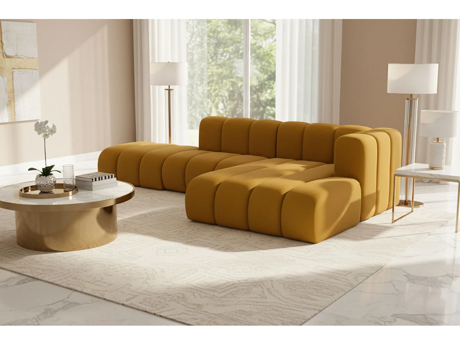 Divano angolare a L con pouf, Grand Mini, tessuto Salvador, giallo, a destra