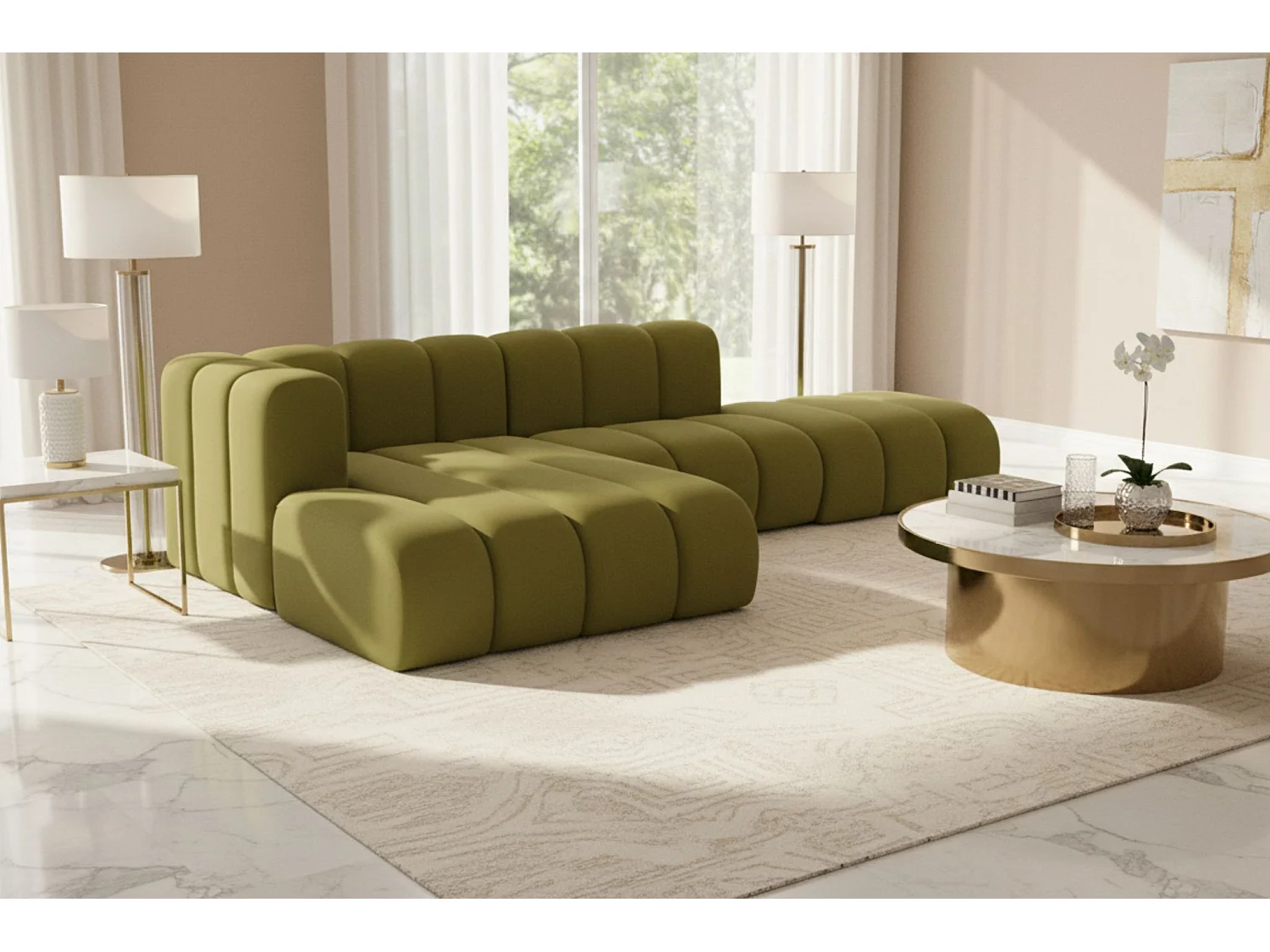 Divano angolare a L con pouf, Grand Mini, tessuto Salvador, oliva, sinistra