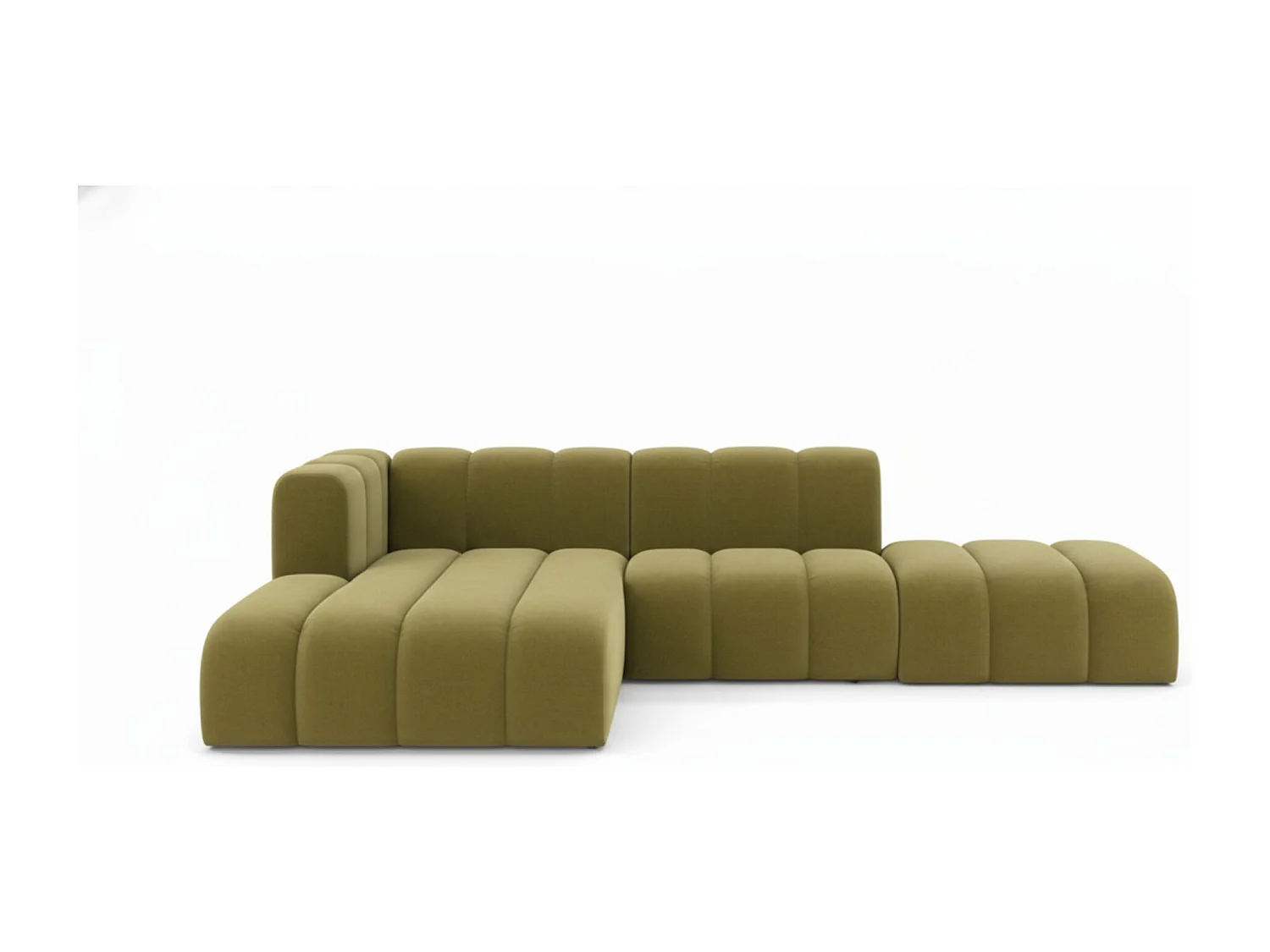 Divano angolare a L con pouf, Grand Mini, tessuto Salvador, oliva, sinistra