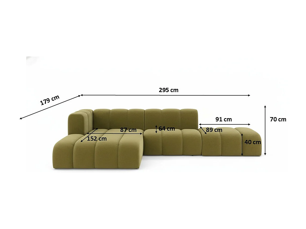 Divano angolare a L con pouf, Grand Mini, tessuto Salvador, oliva, sinistra