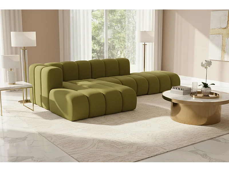 Divano angolare a L con pouf, Grand Mini, tessuto Salvador, oliva, sinistra