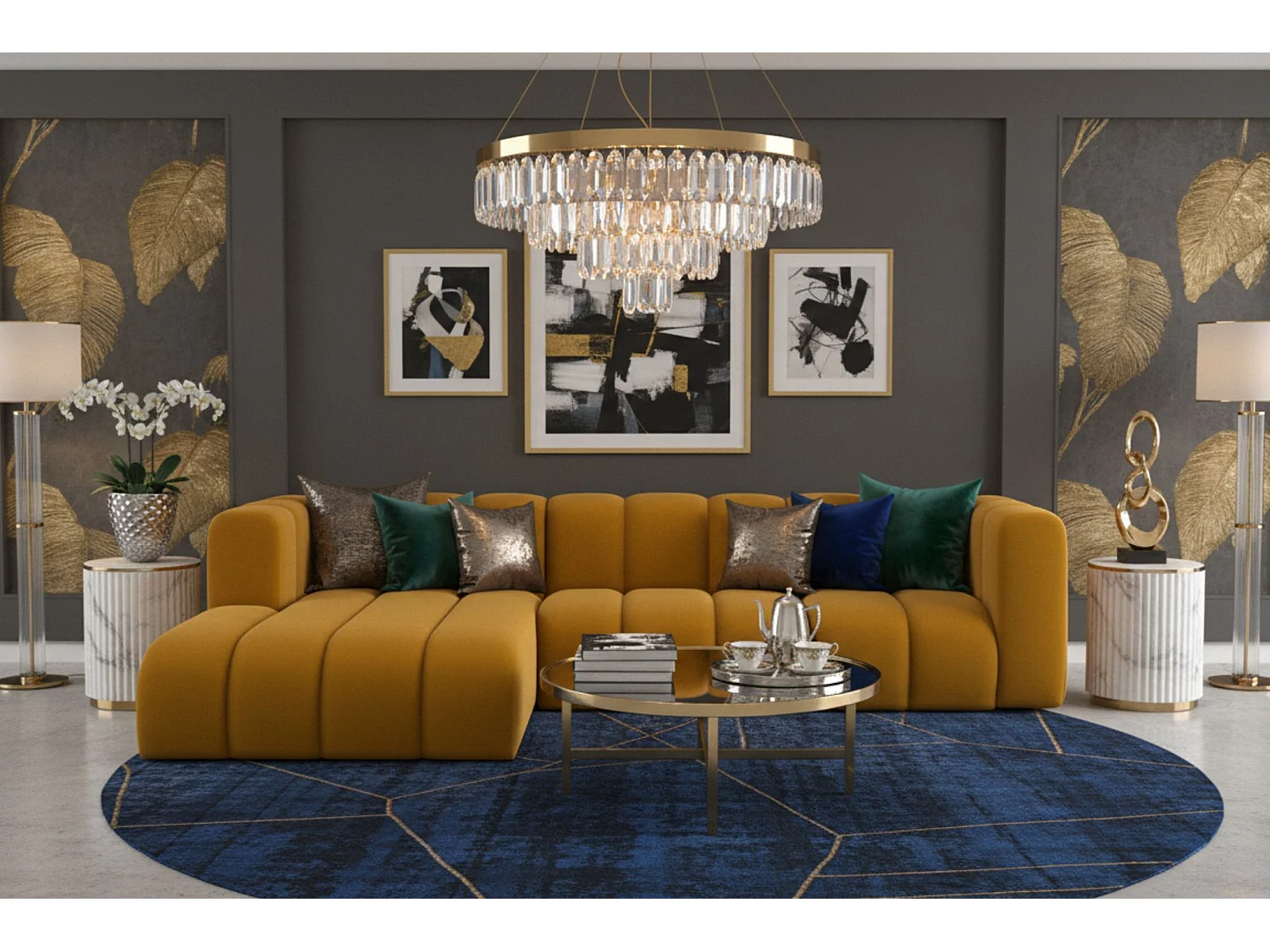 Hoekbank L-Vorm Grand L 287 cm, Veloursstof Salvador, Geel, Links