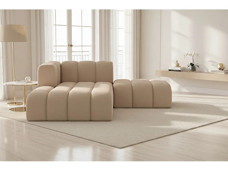 Chaise Longue con Pouf Grand, Tessuto in Velluto Salvador, Beige, Sinistra