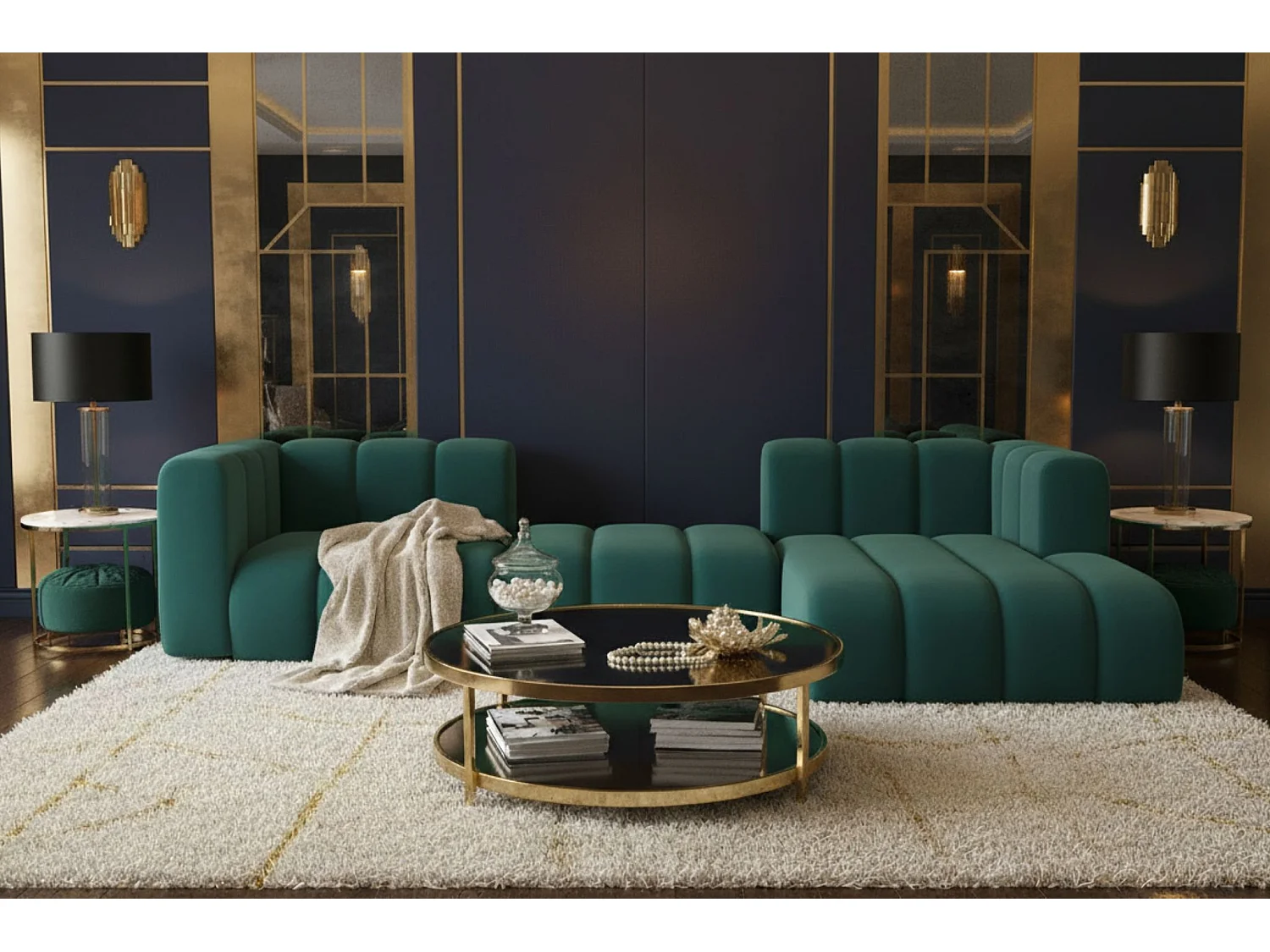 Hoekbank L-Vorm Grand L 319 cm, Veloursstof Salvador, Azurblauw, Rechts