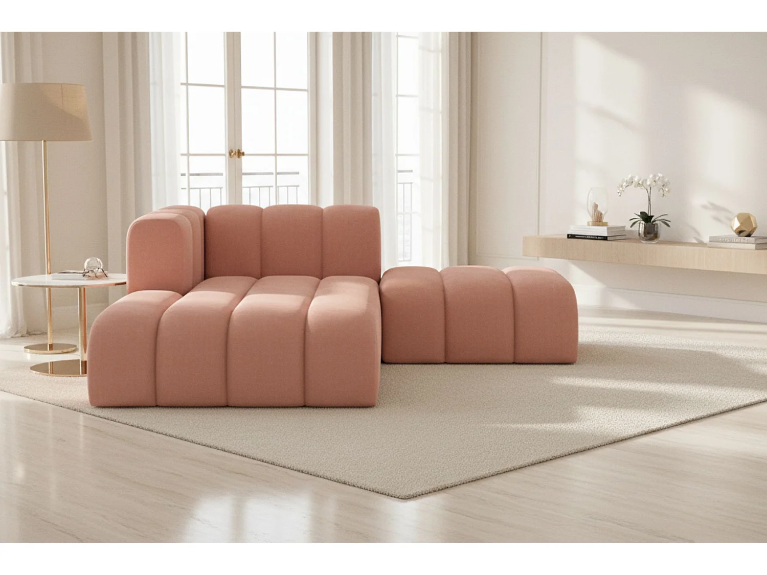 Chaiselongue mit Hocker Grand, Veloursstoff Salvador, Rosa, Links