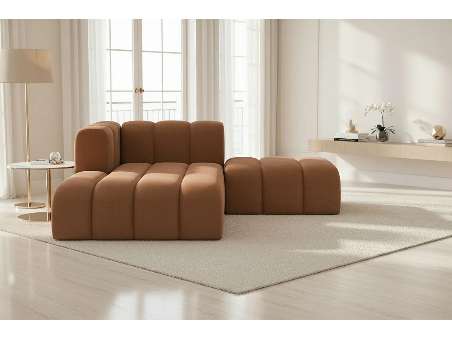 Chaiselongue mit Hocker Grand, Veloursstoff Salvador, Dunkelbraun, Links