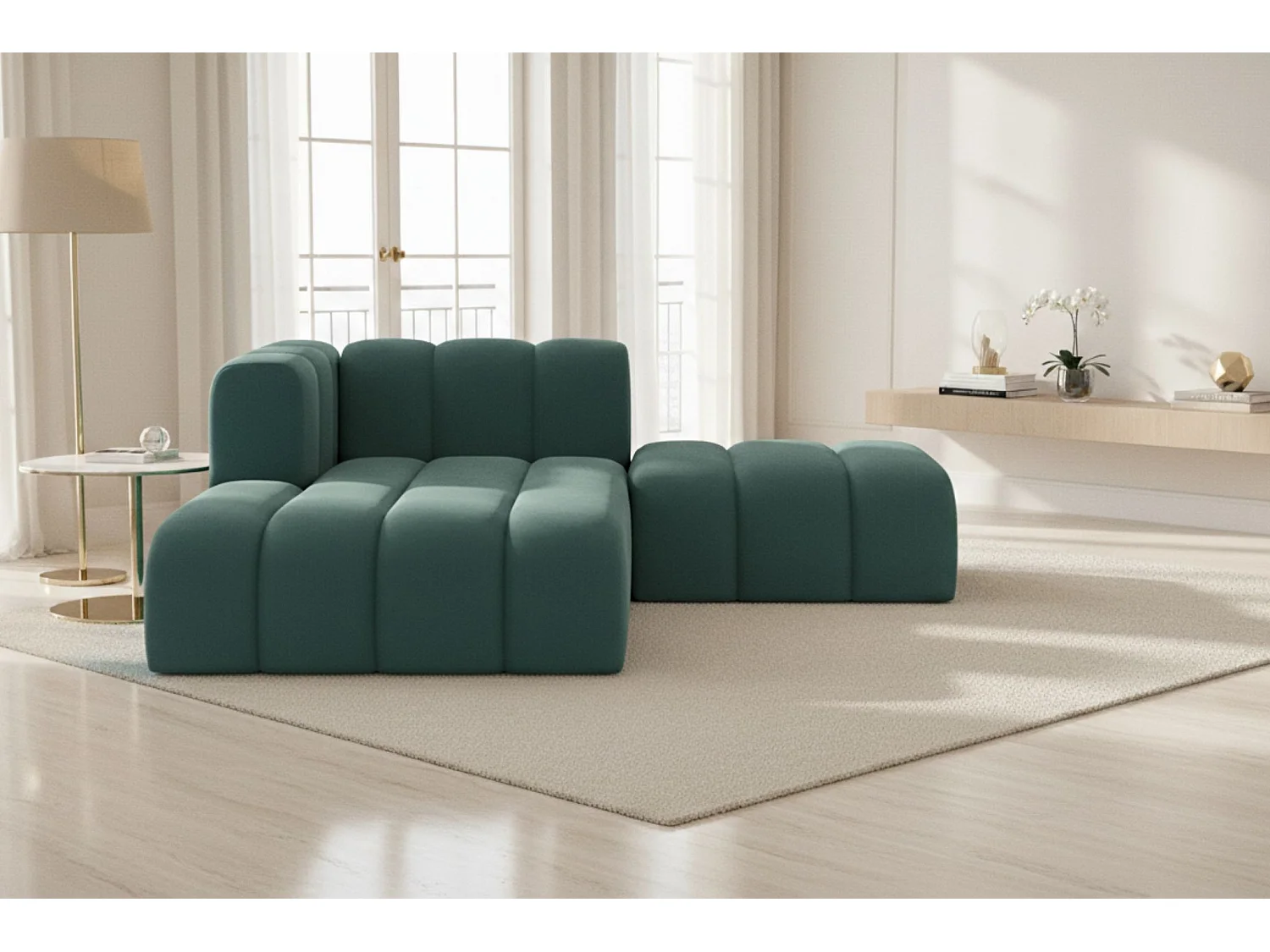 Chaiselongue mit Hocker Grand, Veloursstoff Salvador, Azurblau, Links