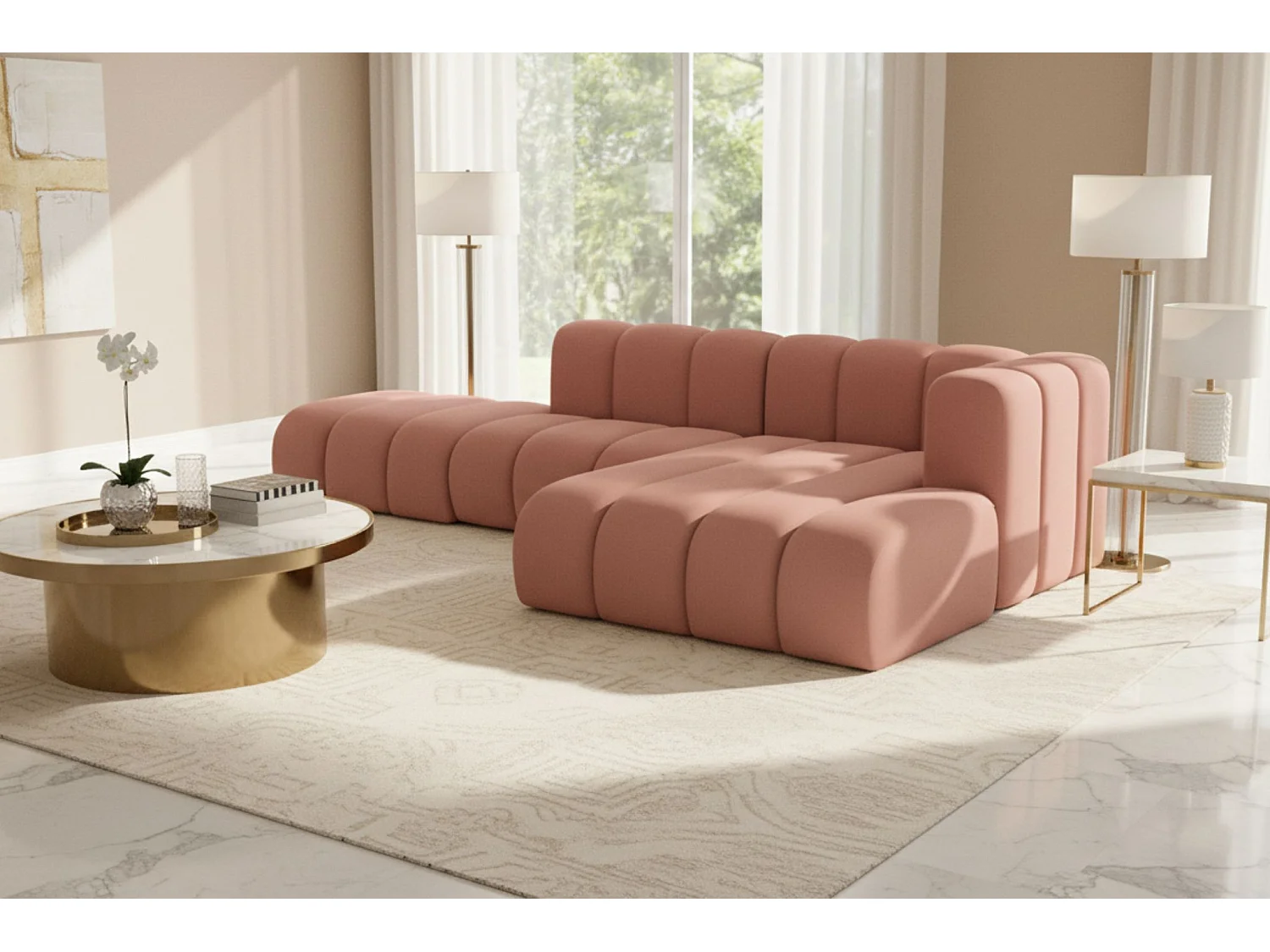 Divano angolare a L con pouf, Grand Mini, tessuto Salvador, rosa, a destra