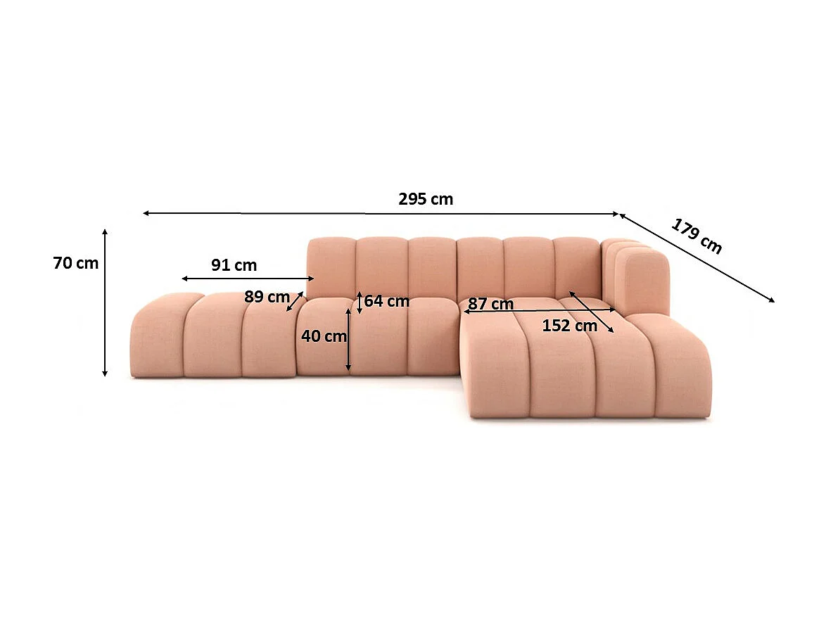 Divano angolare a L con pouf, Grand Mini, tessuto Salvador, rosa, a destra