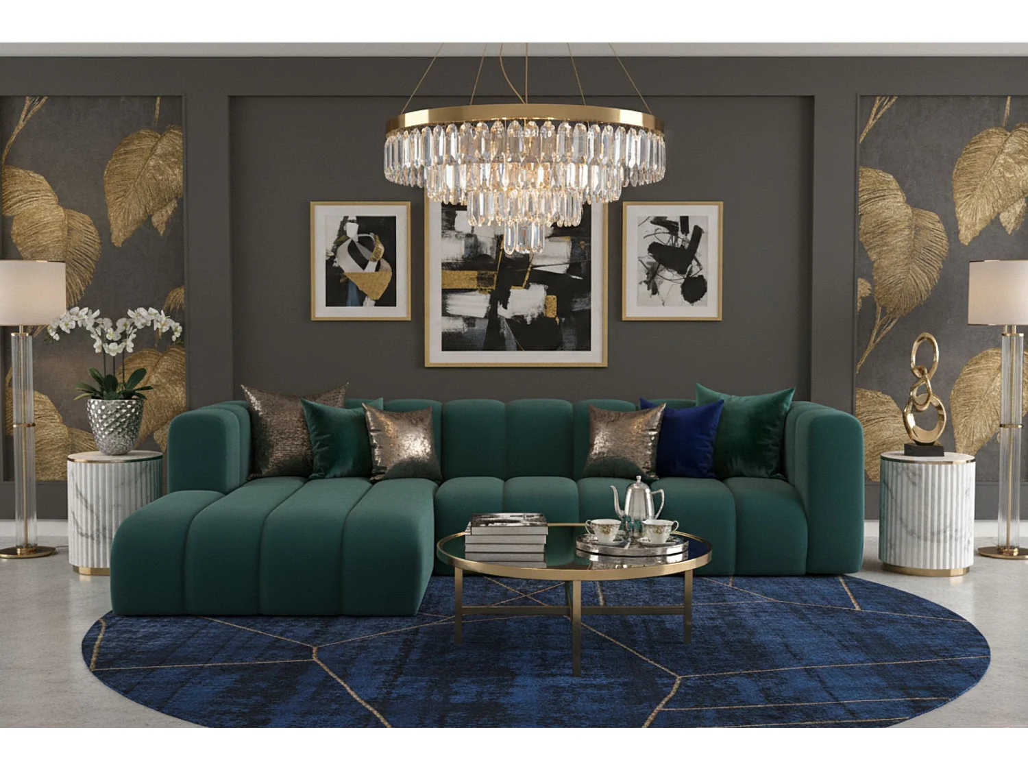 Hoekbank L-Vorm Grand L 287 cm, Veloursstof Salvador, Azurblauw, Links