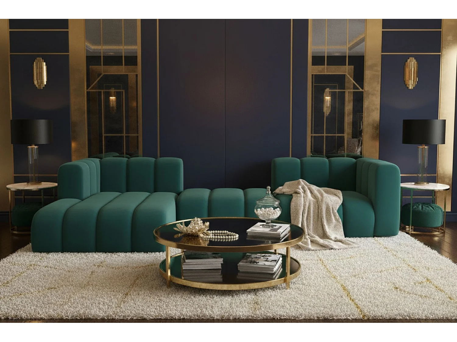 Hoekbank L-Vorm Grand L 319 cm, Veloursstof Salvador, Azurblauw, Links